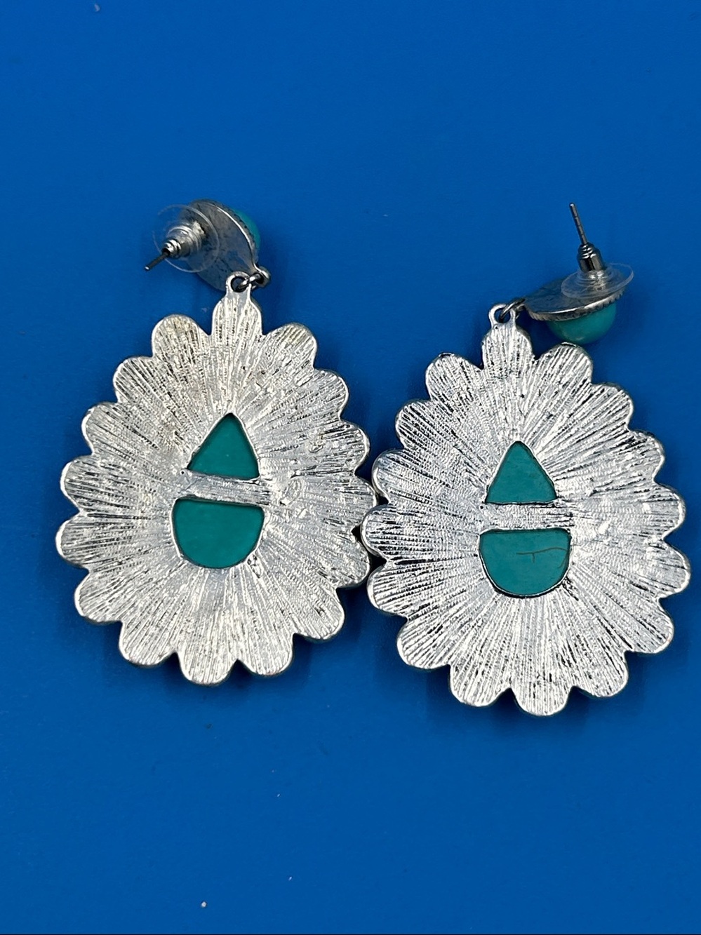 Turquoise Teardrop Sunburst Earrings - Silver Accent - Picture 3 of 3